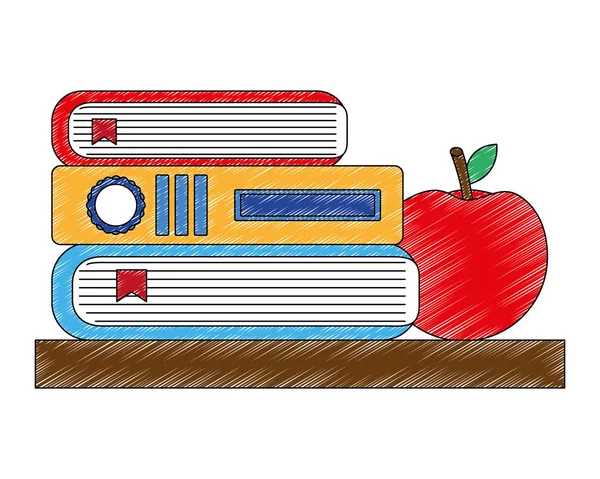 Bücher gestapelt und Apfelschule auf Tisch — Stockvektor