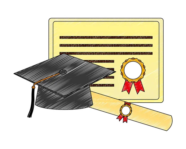 Certificado de sombrero de graduación y diploma de pergamino — Vector de stock