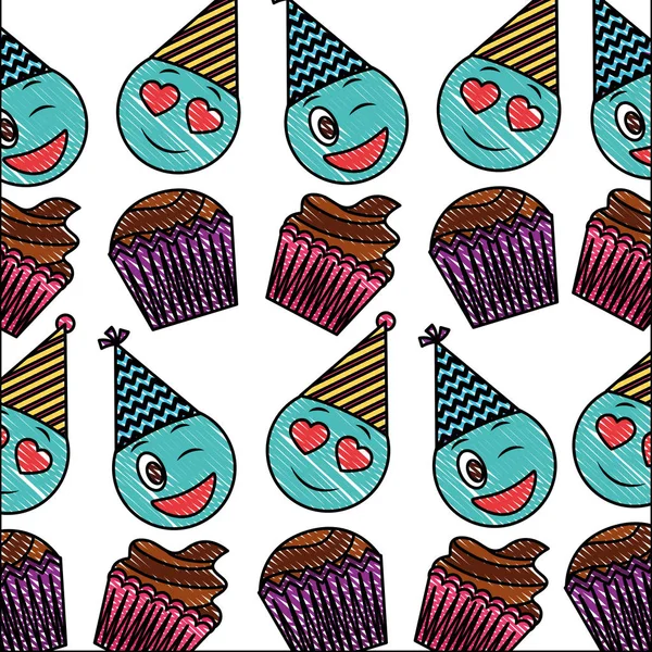 生日纸杯蛋糕和表情符号眨眼爱快乐模式绘制颜色 — 图库矢量图片