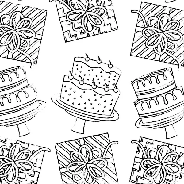 Birthday cakes cream fruits and gifts pattern hand drawing — Stock Vector