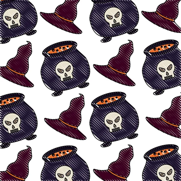 Caldero de bruja y sombrero patrón de cómic de Halloween — Vector de stock