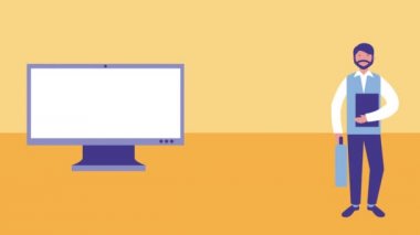 bilgisayar ve gezegen avatar karakter ile işadamı
