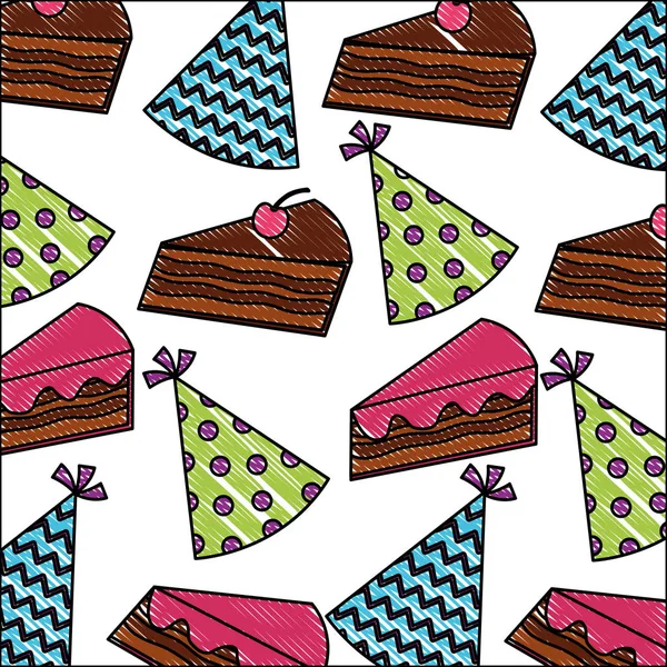 Birthday piece cake cherry and party hat pattern — Stock Vector