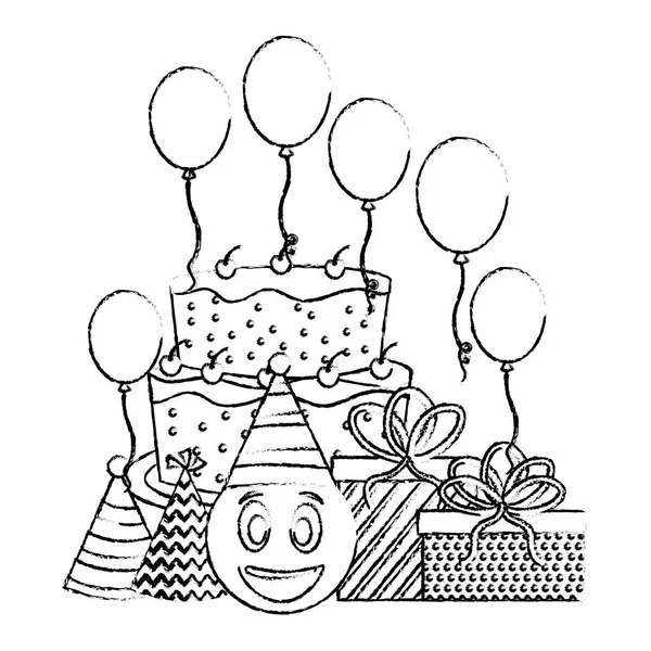 Именинный торт смайлик подарки лица воздушные шары и шляпы стороны рисования — стоковый вектор