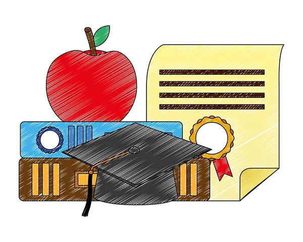 Kitaplar üzerinde mezuniyet şapka sertifikası elma — Stok Vektör