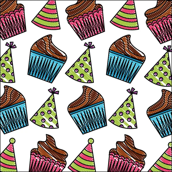 生日杯形蛋糕和派对帽装饰图案 — 图库矢量图片
