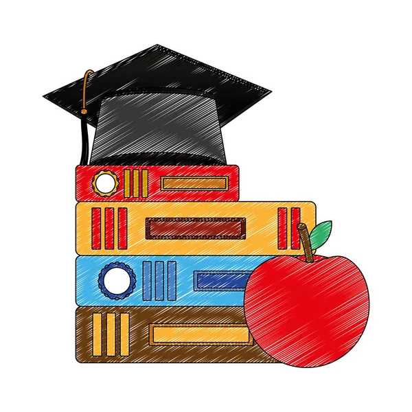 School books graduation hat and apple — Stock Vector