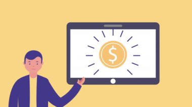 Tablet ve sikke uygulaması avatar karakter ile işadamı