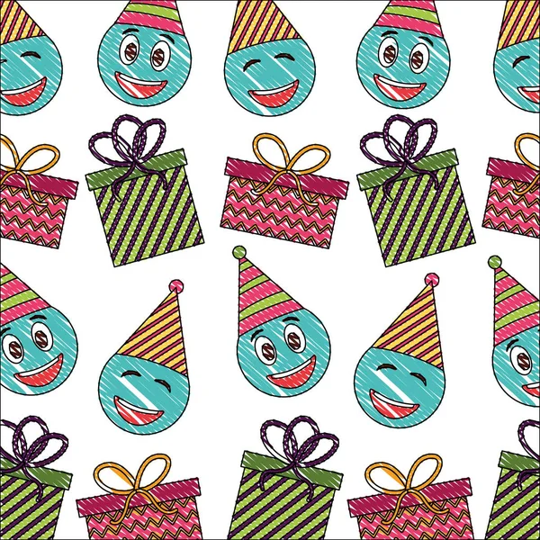 Aniversário emoji rostos com chapéu de festa e presentes padrão de cor de desenho — Vetor de Stock