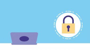 Laptop ve asma kilit avatar karakteri ile iş kadını