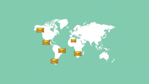 E-mail marketingtechnologie met wereld kaart en enveloppen — Stockvideo