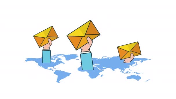 E-postmarknadsföring teknik med världskarta och kuvert — Stockvideo