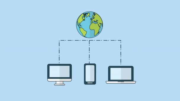 Dispositivos electrónicos que envían documentos con el planeta tierra — Vídeos de Stock