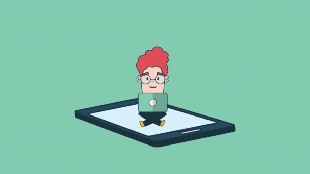 Hombre de negocios con carácter avatar portátil y tableta — Vídeo de stock