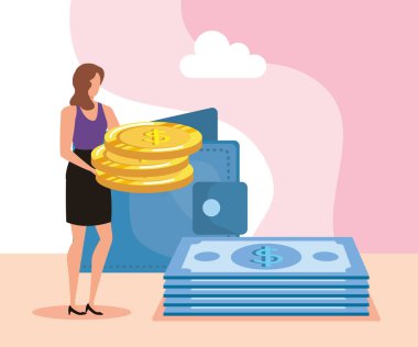 cüzdan ile para ve faturaları ile iş kadını