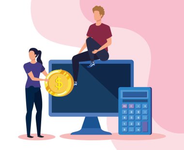 bilgisayar teknolojisi ve hesap makinesi ile işadamı ve işkadını