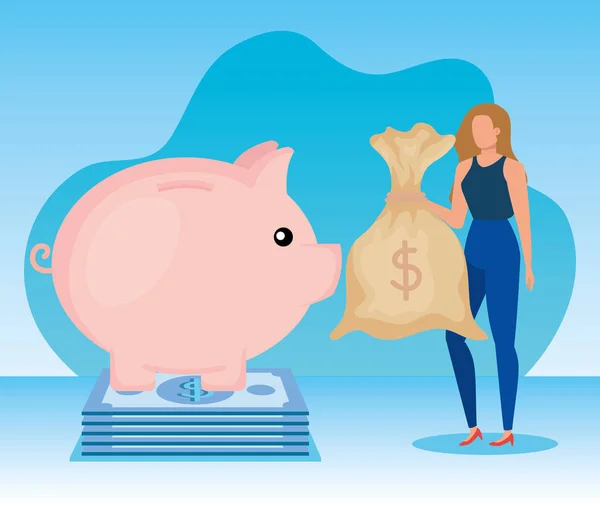 Zakenvrouw met tas en Piggy met Bills cash geld — Stockvector