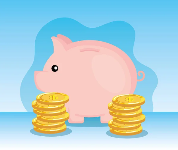 Piggy Financiën met munten cash geld — Stockvector