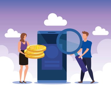 Büyüteç ve paralar ile işkadını ve işadamı