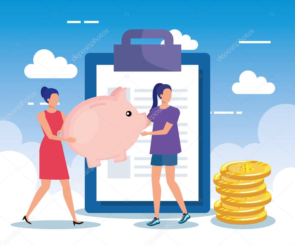 businesswomen with piggy save money and document with cloins