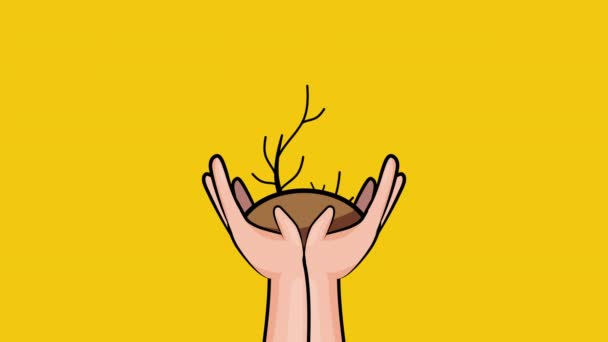 Olá estação de outono com mãos levantando animação planta — Vídeo de Stock