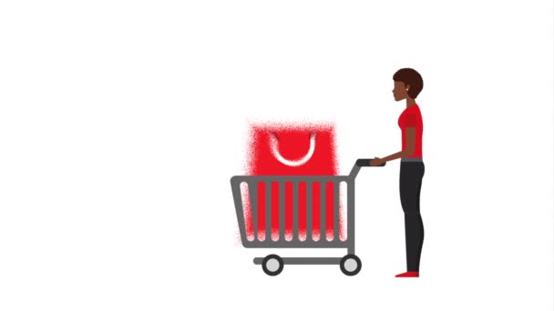 Žena s nákupním košíkem a pytlem — Stock video