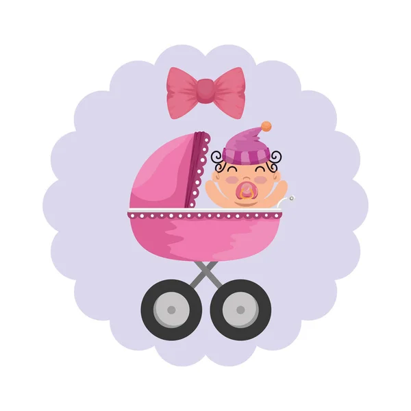 Baby shower card with little newborn in cart — Stock Vector