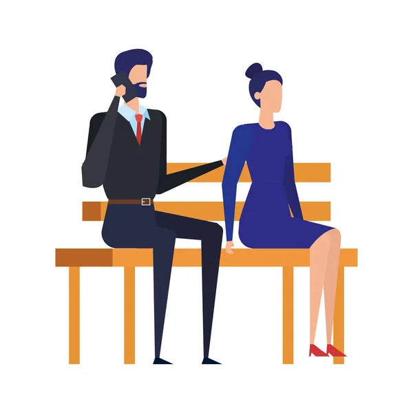 Casal de negócios ligando com celular na cadeira do parque —  Vetores de Stock