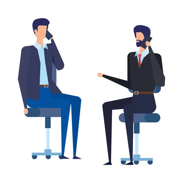 Trabajadores de negocios llamando con teléfonos celulares en sillas de oficina — Vector de stock