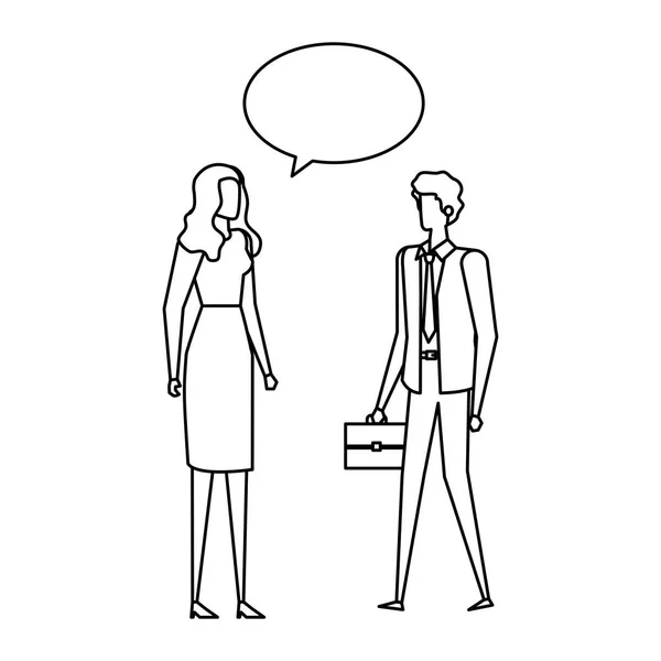 Elegante pareja de negocios hablando con burbujas de habla — Vector de stock