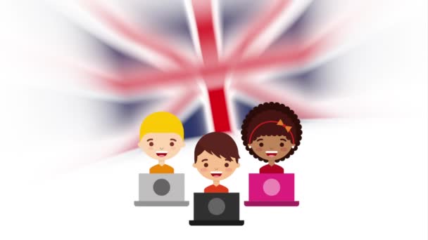 Students with laptops and british flag learn english animation — Stock Video