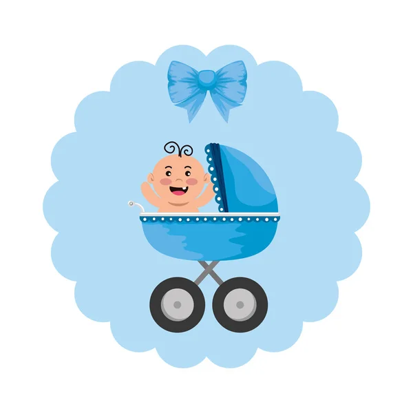 Baby shower card with little newborn in cart — Stock Vector