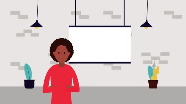 Karton ve istatistik karakteri ile afro iş kadını — Stok video