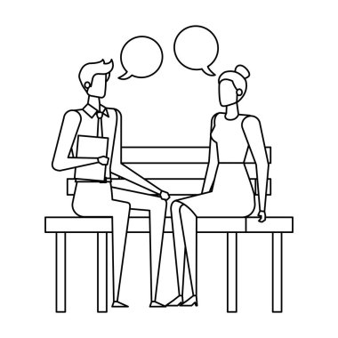 iş çift konuşma kabarcıkları ile park sandalyede oturan