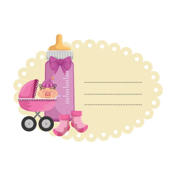 Дитяча душова картка з маленьким новонародженим у кошику — стоковий вектор