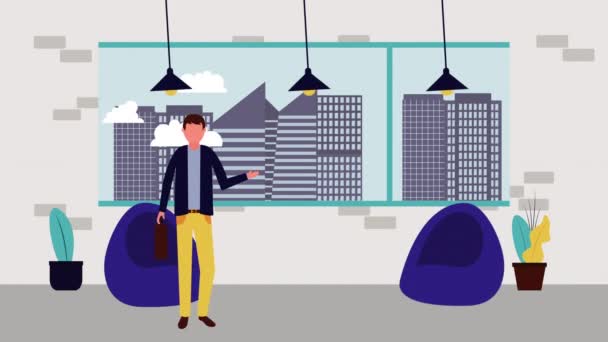 Бизнесмен с мыльным пузырем речи в офисе персонаж аватара — стоковое видео