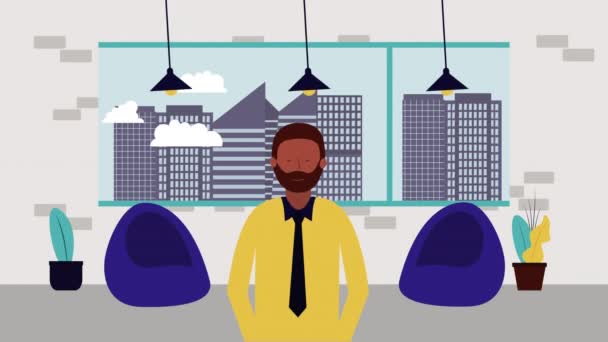 Empresário afro com bolha de fala no personagem avatar escritório — Vídeo de Stock