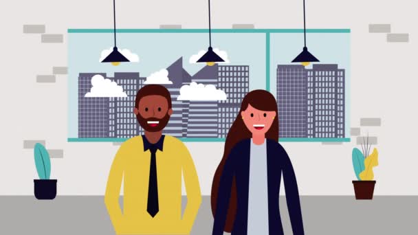 Персонажи бизнес-пары в офисе аватары — стоковое видео