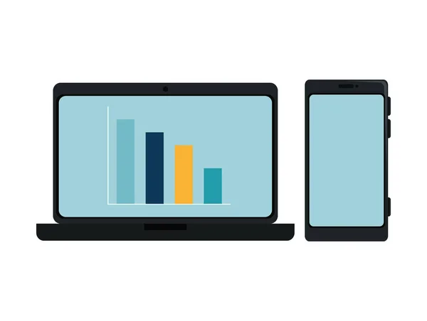 Ordinateur portable avec statistiques de barres et smartphone — Image vectorielle