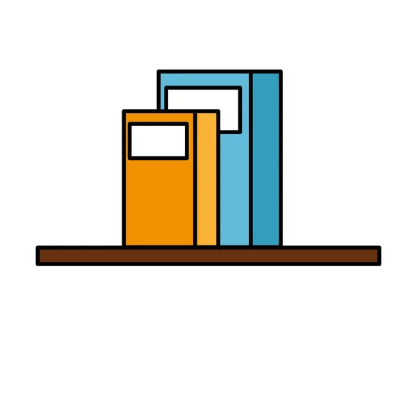 Regal hölzern mit Stapel Lehrbücher Bibliothekssymbole — Stockvektor