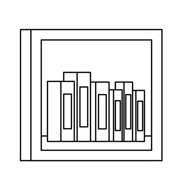 Étagère en bois avec pile de livres de texte icônes bibliothèque — Image vectorielle