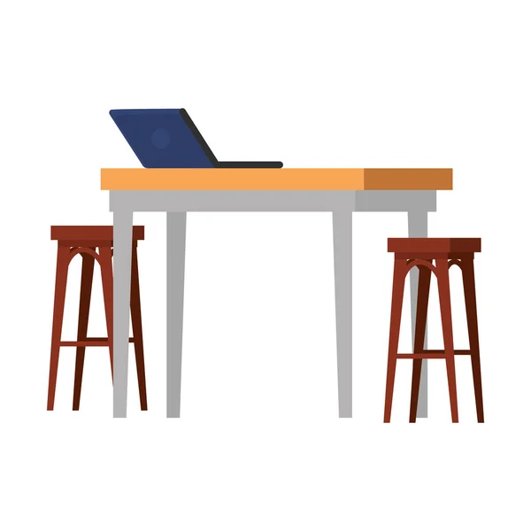 Benchs de madeira com mesa e laptop — Vetor de Stock
