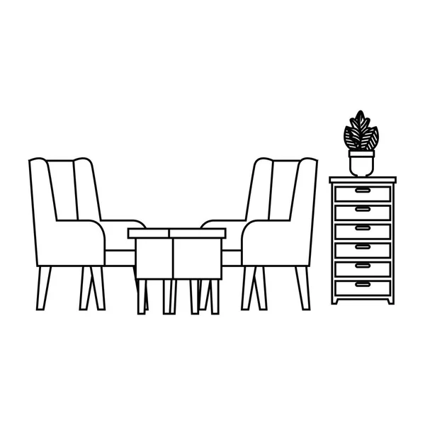 Sofá confortável e mesa de madeira sala de estar cena — Vetor de Stock