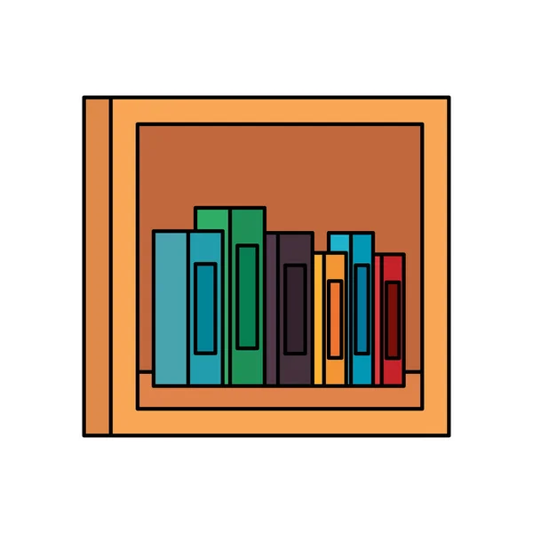 Estante de madera con pila de libros de texto iconos de la biblioteca — Vector de stock