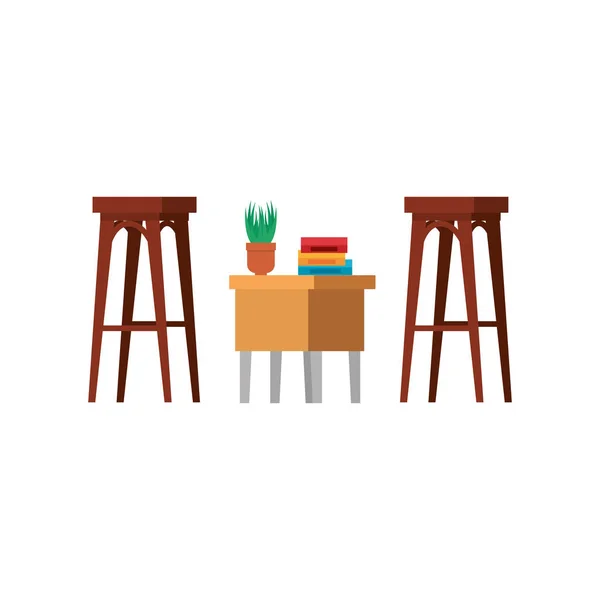 Trä bänker med bord och böcker — Stock vektor