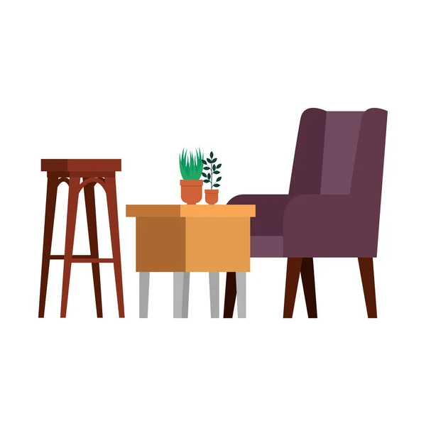 Cómodo sofá y mesa de madera sala de estar escena — Vector de stock