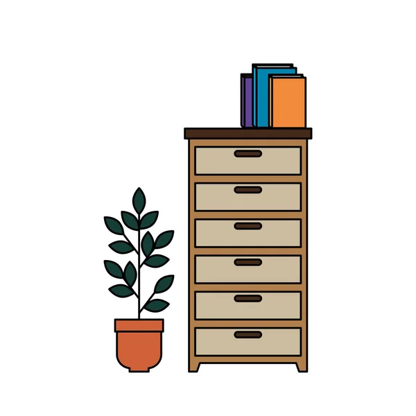Dřevěná zásuvka s knihami a květináčem — Stockový vektor