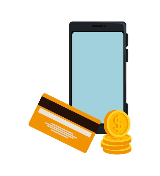 Smartphone-apparaat met creditcard en munten — Stockvector