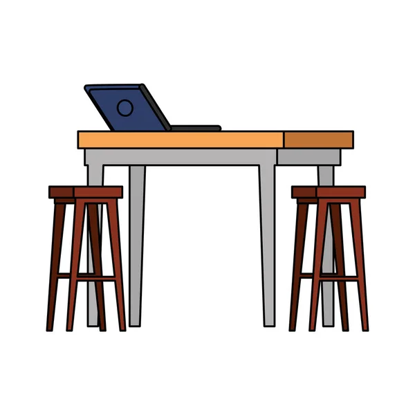 テーブルとラップトップ付きの木製ベンチ — ストックベクタ
