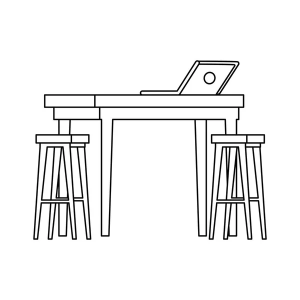 Деревянные скамейки со столом и ноутбуком — стоковый вектор